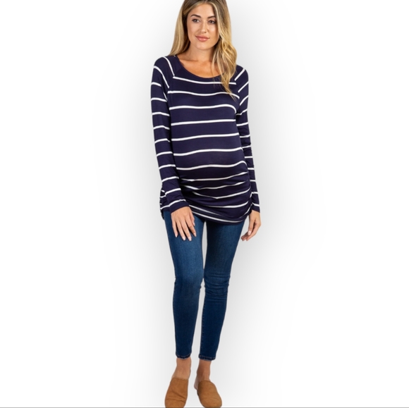 ROSIE POPE Navy Striped Ruched Maternity Top, Navy/ White XL - Picture 2 of 14